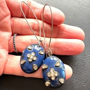 earrings 3" hanging vintage blue resin faux crystals flower